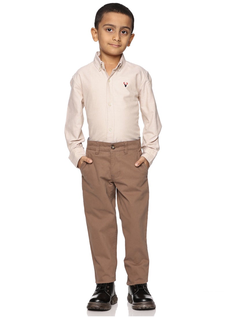 Boys' Long Sleeve Oxford Dress Shirt | Kids Classic Formal Button Down Shirt | Collared Neck Cotton Shirt - Beige