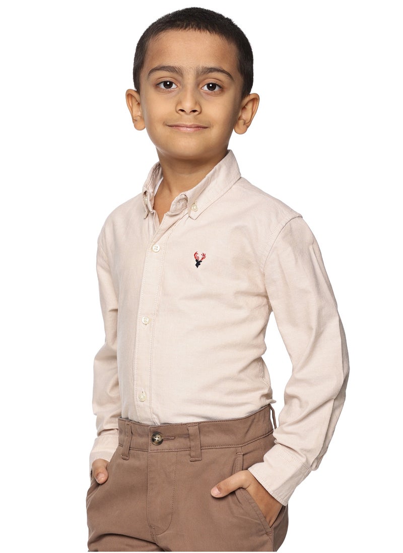 Boys' Long Sleeve Oxford Dress Shirt | Kids Classic Formal Button Down Shirt | Collared Neck Cotton Shirt - Beige