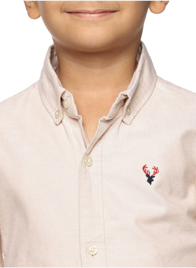 Boys' Long Sleeve Oxford Dress Shirt | Kids Classic Formal Button Down Shirt | Collared Neck Cotton Shirt - Beige