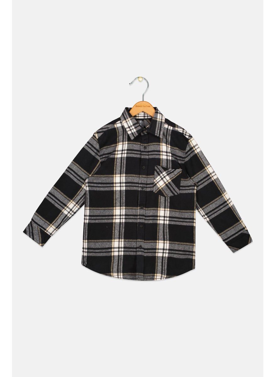 Kids Boy Spread Collar Long Sleeve Plaid Casual Shirt, Black Combo