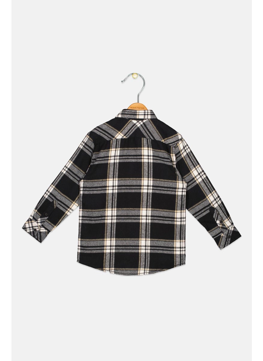 Kids Boy Spread Collar Long Sleeve Plaid Casual Shirt, Black Combo