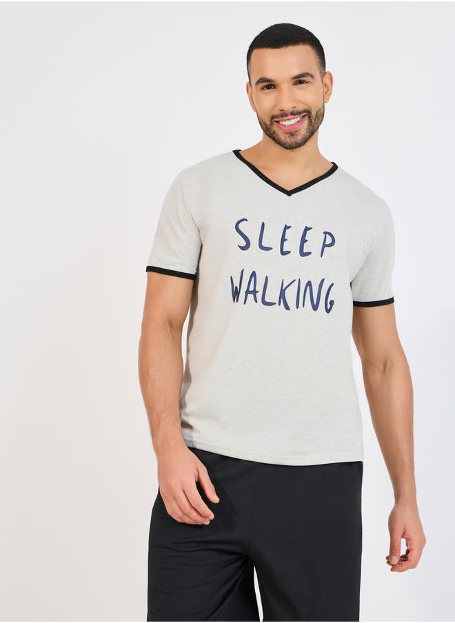 Slogan Print V Neck T-Shirt & Shorts Set