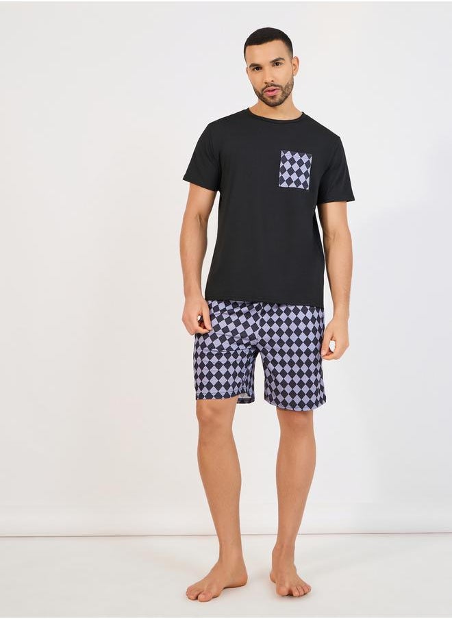 Contrast Pocket T-Shirt & Printed Shorts Set