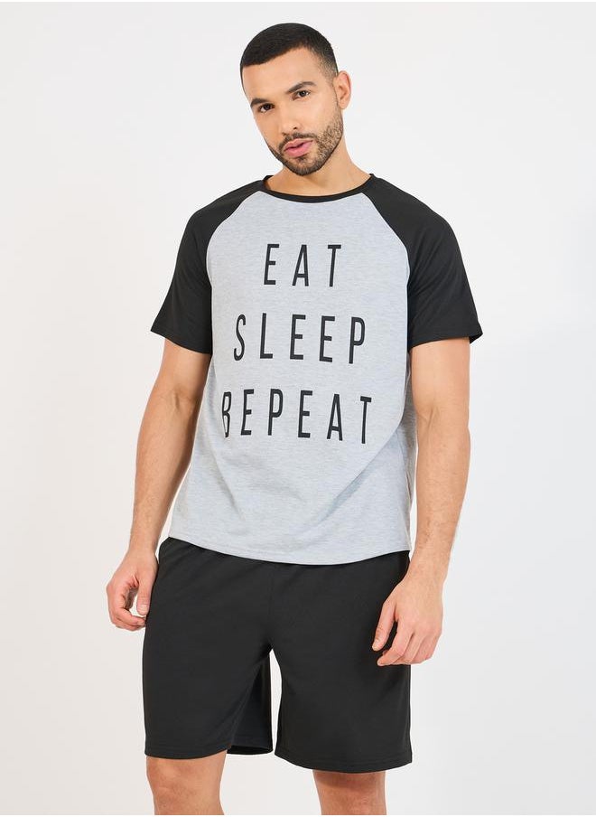 Eat Sleep Repeat Print Crew Neck T-Shirt & Short Set