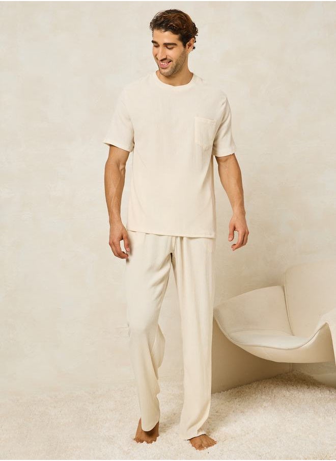 Textured Crew Neck T-Shirt & Straight Pyjama Set