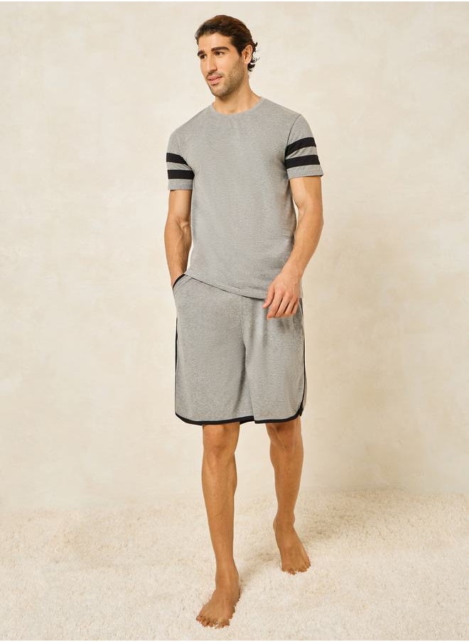 Striped Sleeve Print Crew Neck T-Shirt & Shorts Set