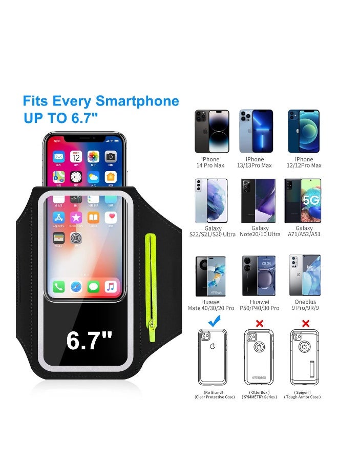 Phone Armband for Running Cell Phone Armband with Zipper Pocket for Earbuds Car Keys, Water Resistant Sport Arm Band for iPhone 14 13 12 11 Pro Galaxy S20 S30 Fit Up to 6.7'' with Phone Case