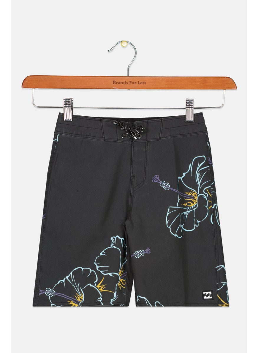 Kid Boy Floral Print Board Short, Black Combo