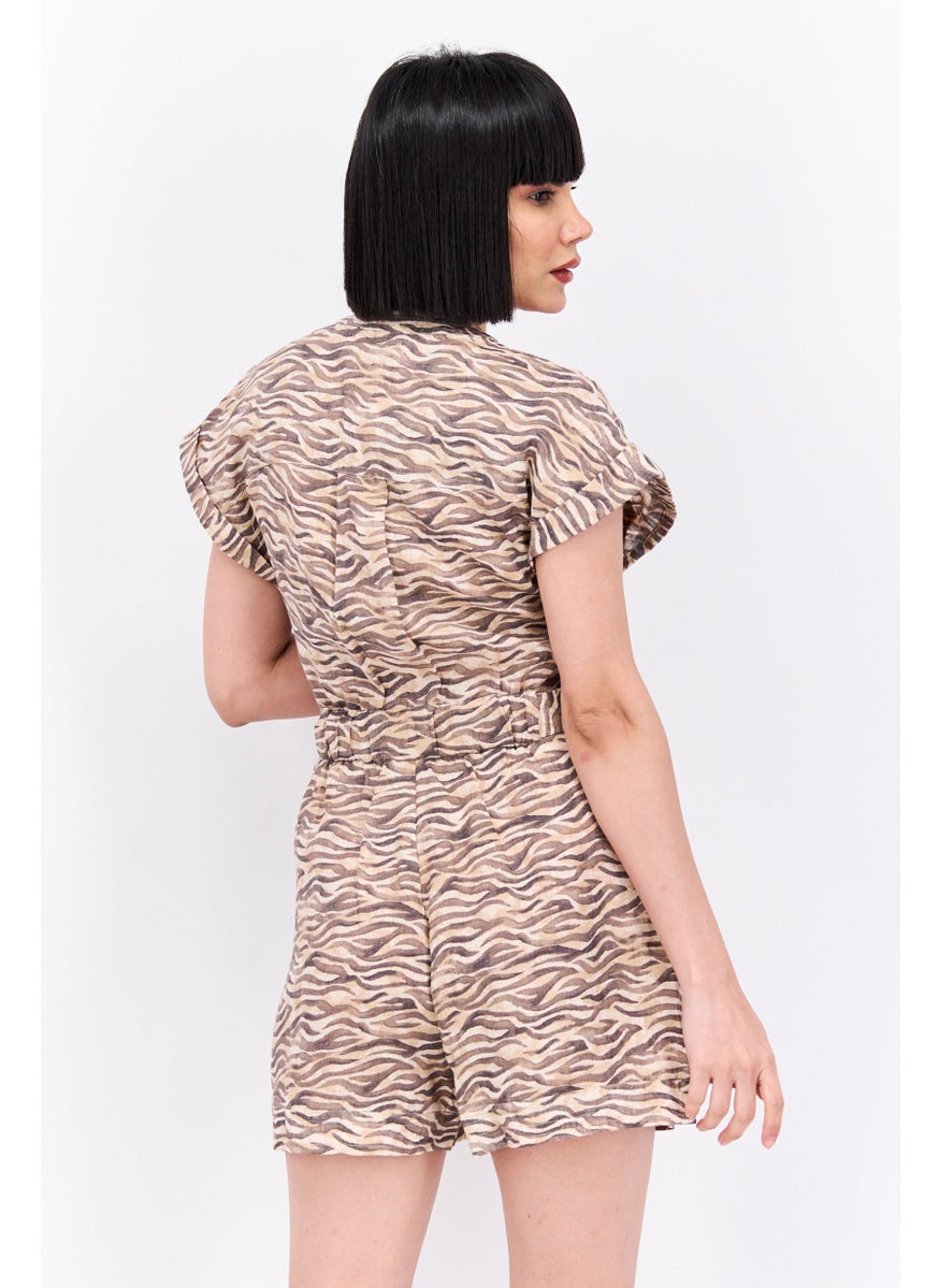 Women Allover Printed Cap Sleeve Play Suit, Green Combo, Light Brown