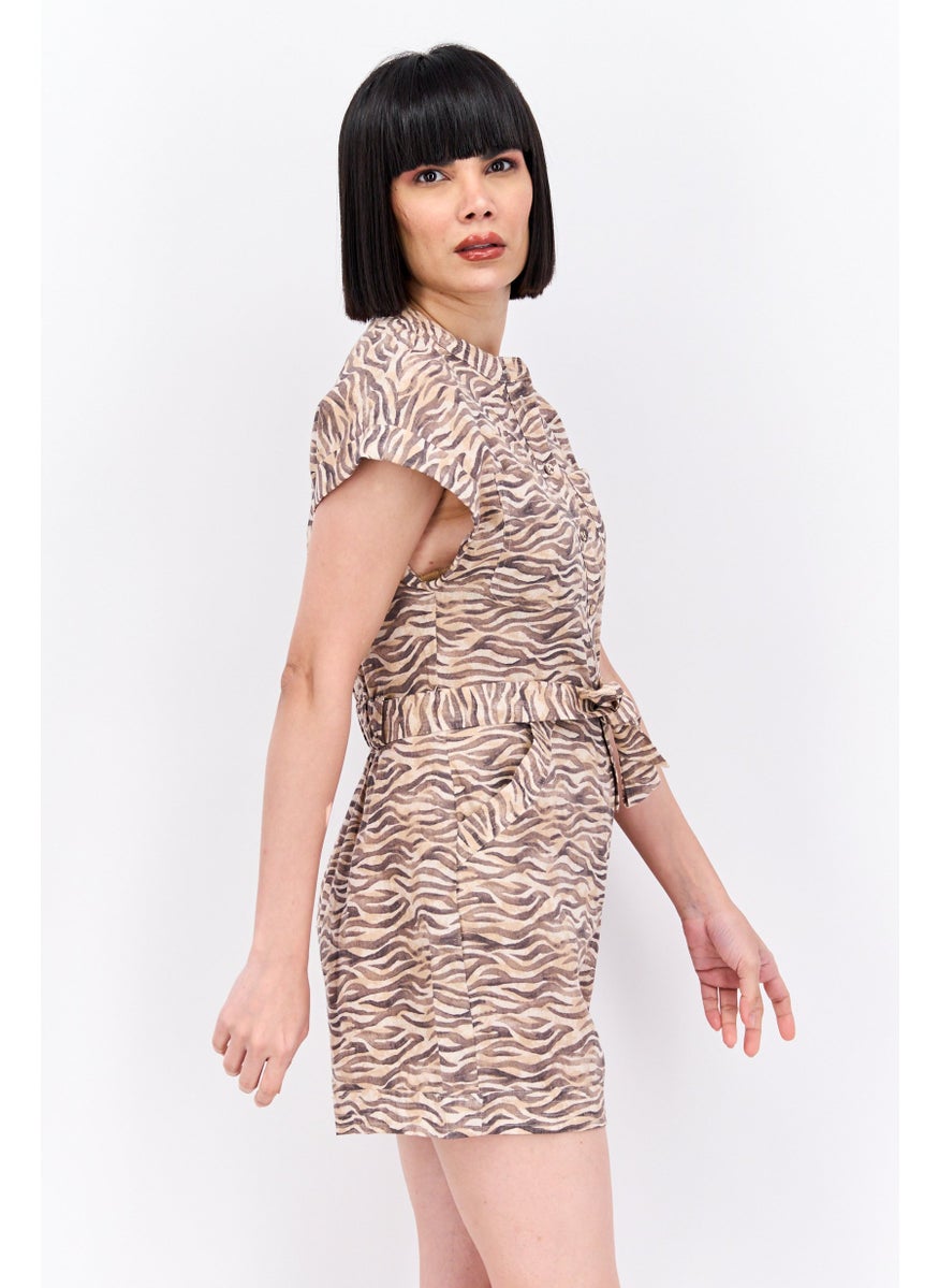 Women Allover Printed Cap Sleeve Play Suit, Green Combo, Light Brown