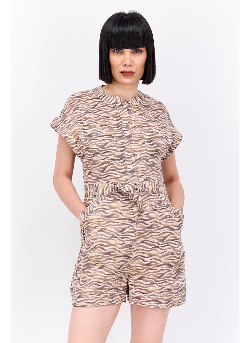 Women Allover Printed Cap Sleeve Play Suit, Green Combo, Light Brown