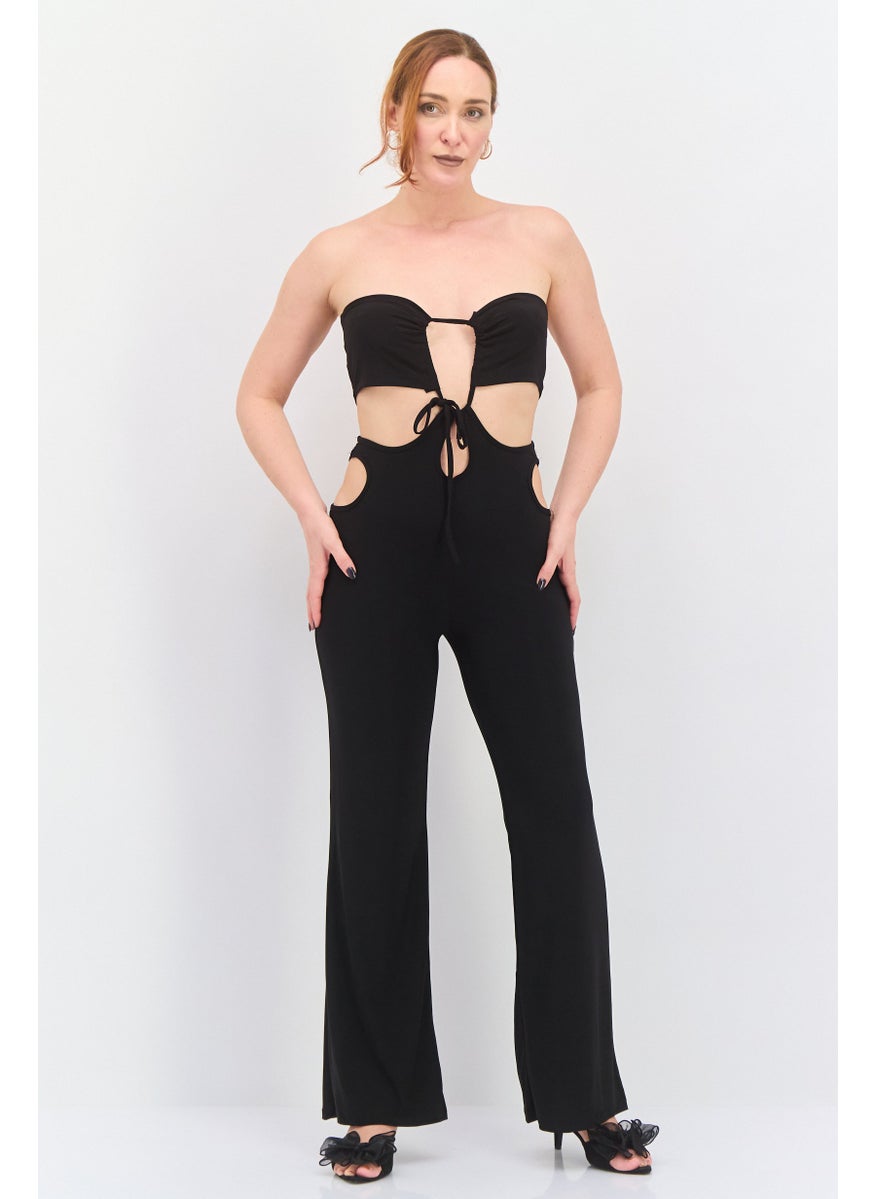 Women Plain Sleeveless Bandeau Jumpsuit, Black