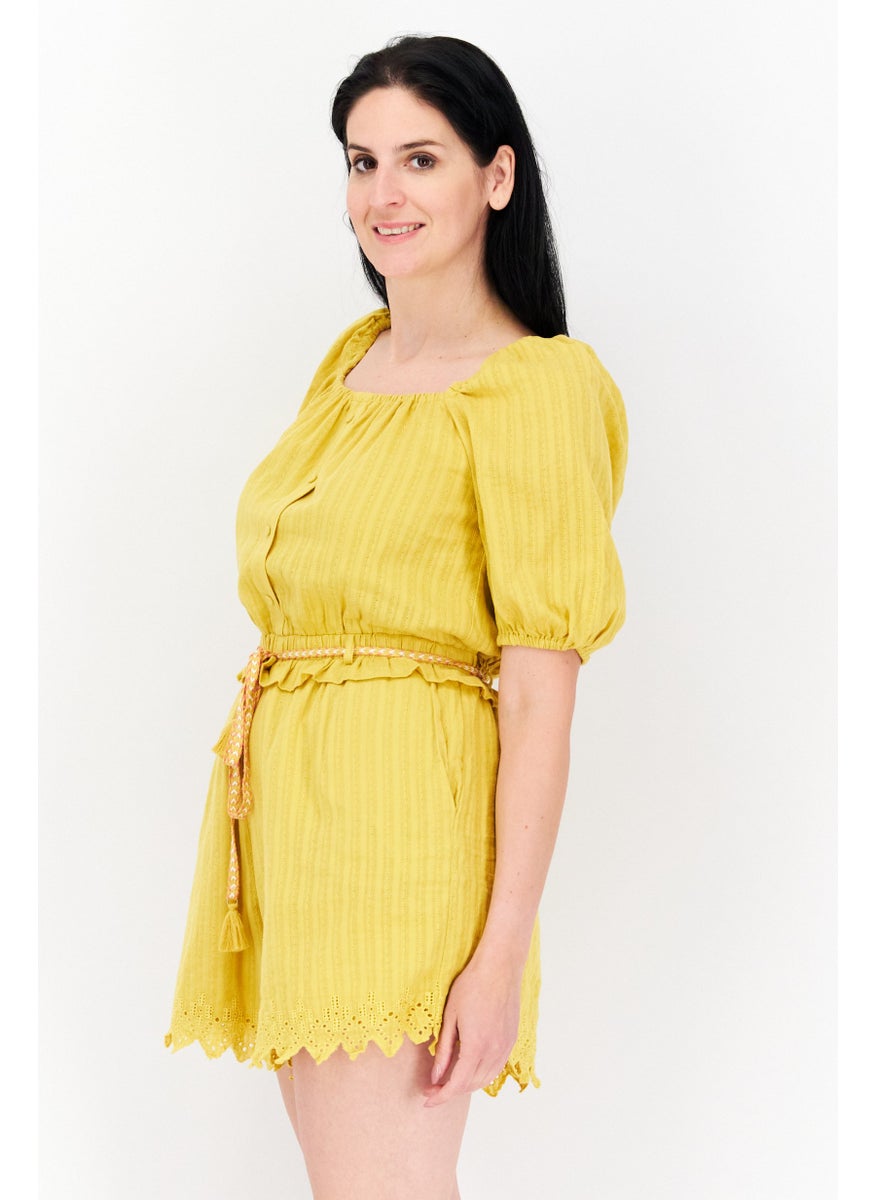 Women Textured Short Sleeve Playsuit, Yellow