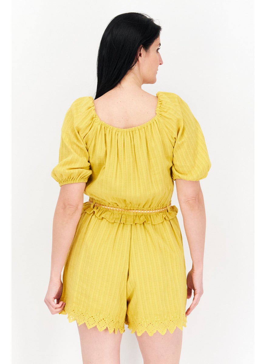 Women Textured Short Sleeve Playsuit, Yellow