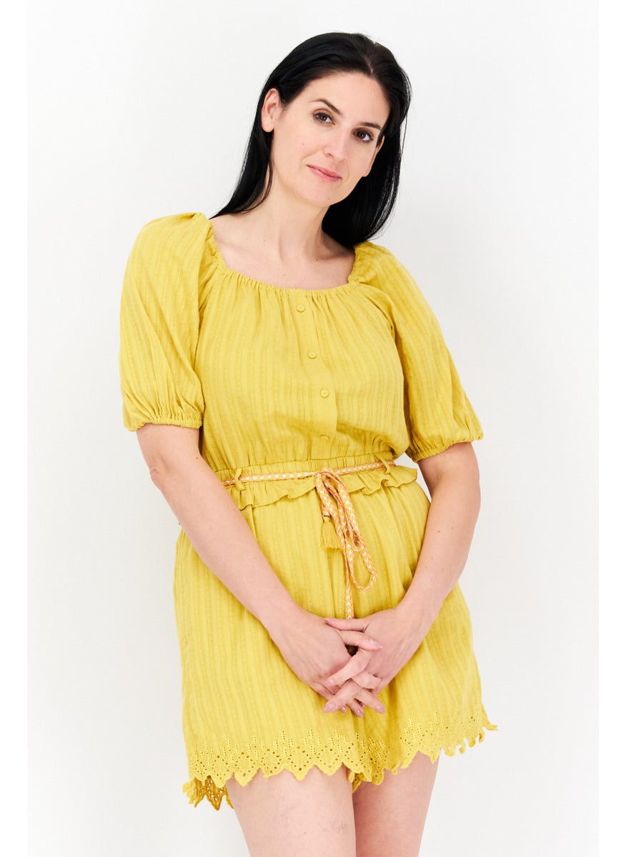 Women Textured Short Sleeve Playsuit, Yellow