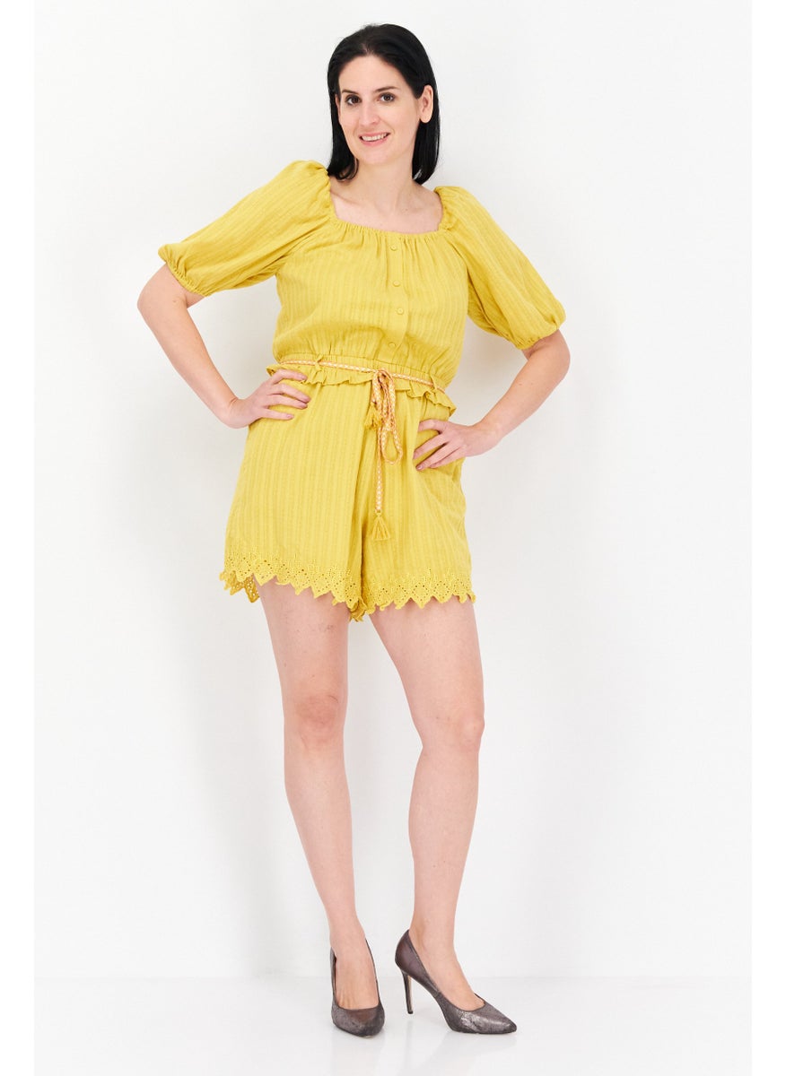 Women Textured Short Sleeve Playsuit, Yellow
