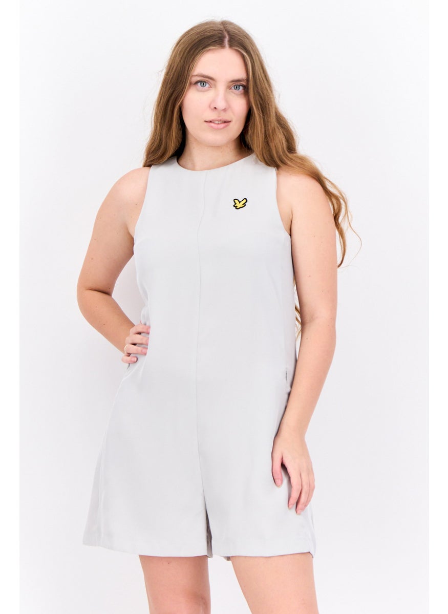 Women Embroidered Logo Sleeveless Playsuit, Light Grey