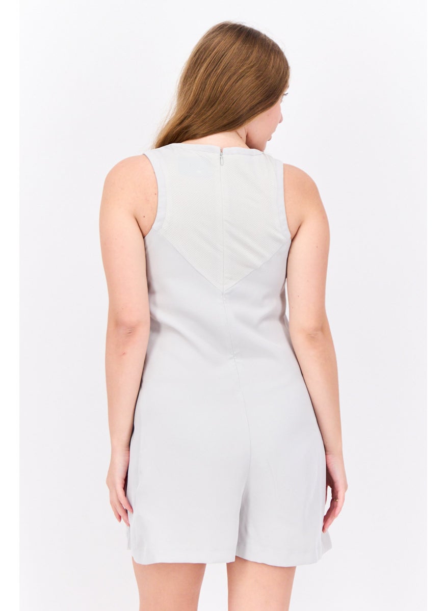 Women Embroidered Logo Sleeveless Playsuit, Light Grey