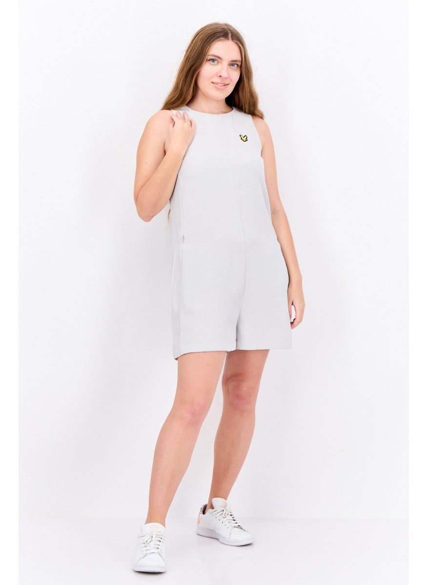 Women Embroidered Logo Sleeveless Playsuit, Light Grey