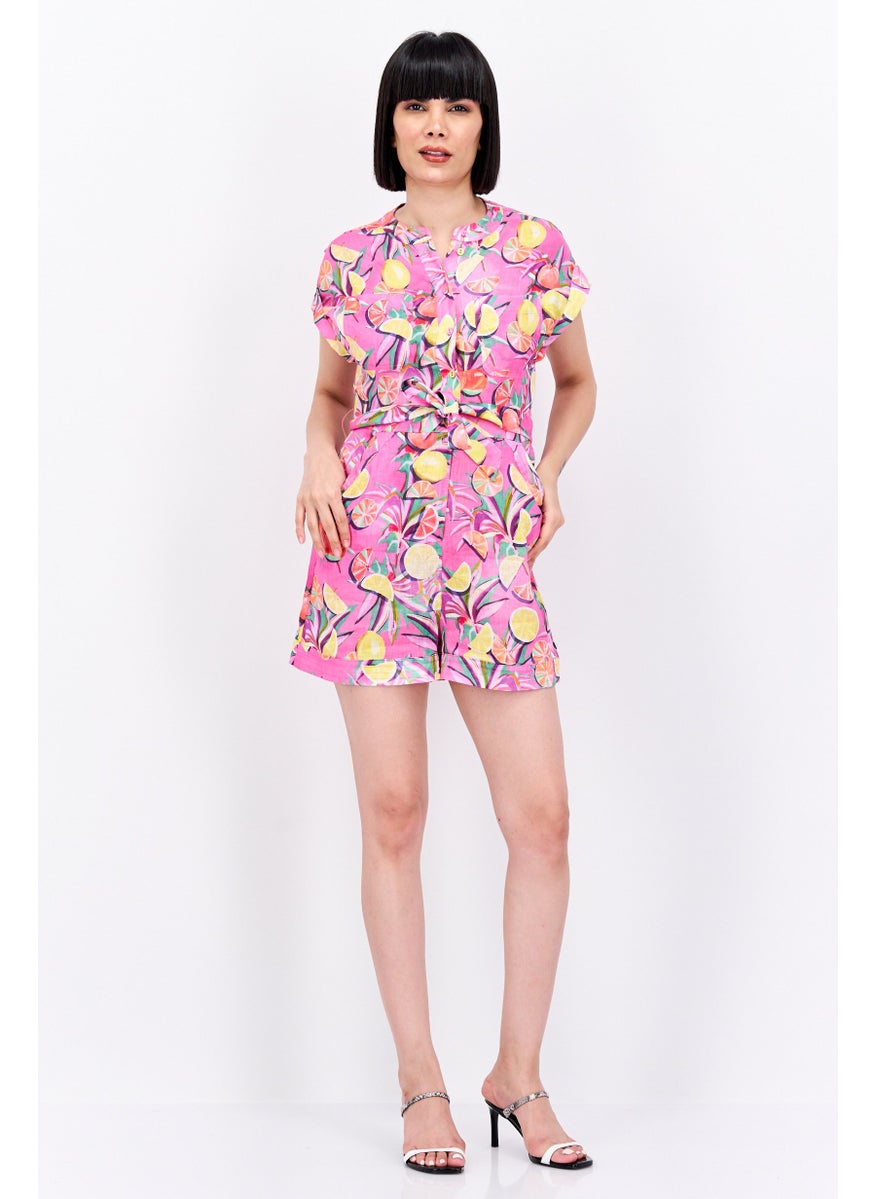 Women Floral Print Short Sleeve Jumpsuit, Pink Combo