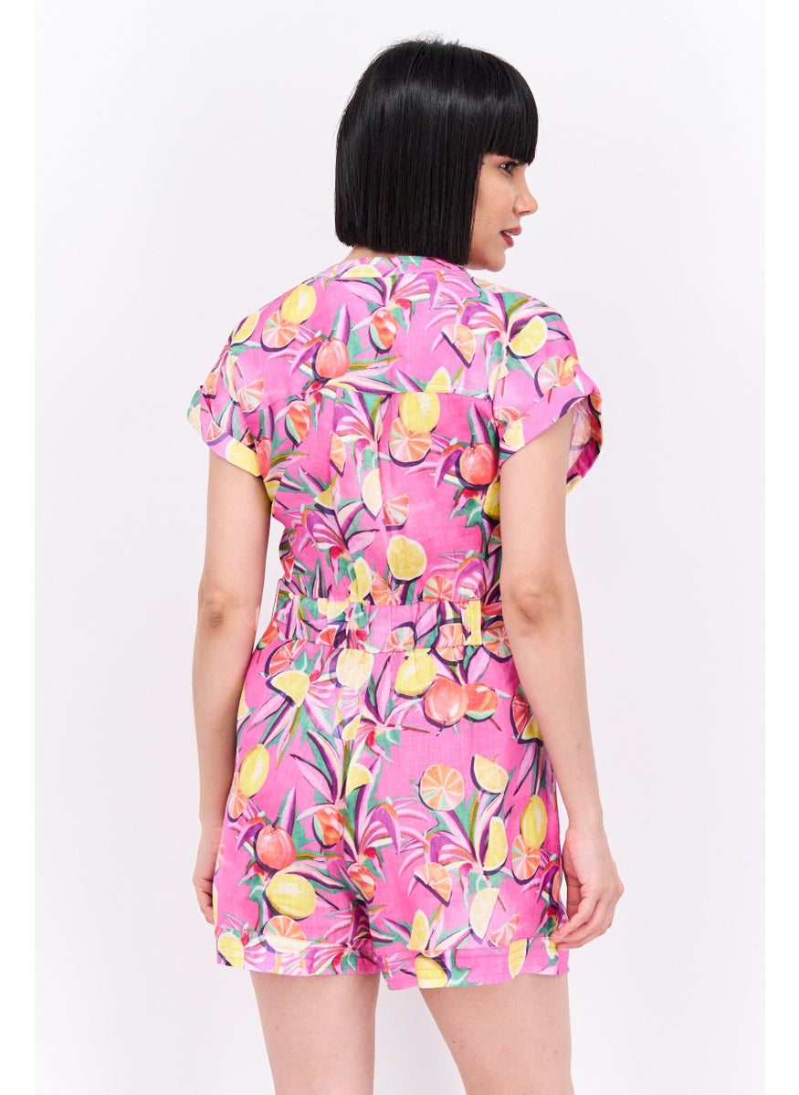 Women Floral Print Short Sleeve Jumpsuit, Pink Combo