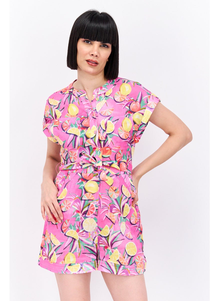 Women Floral Print Short Sleeve Jumpsuit, Pink Combo