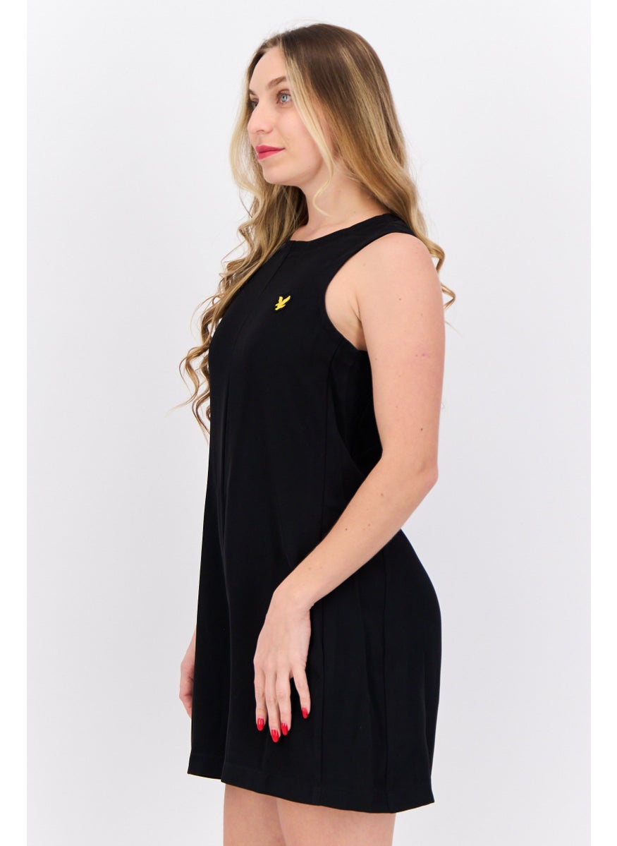 Women Embroidered Logo Sleeveless Playsuit, Black