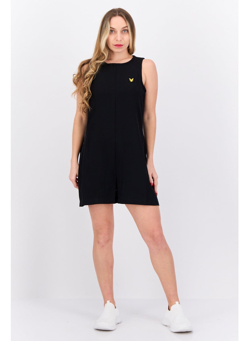 Women Embroidered Logo Sleeveless Playsuit, Black