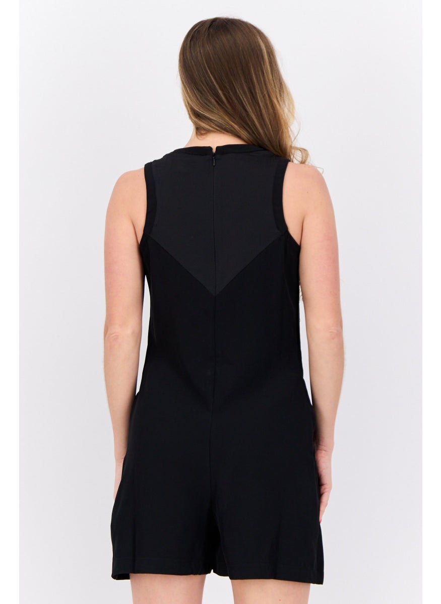 Women Embroidered Logo Sleeveless Playsuit, Black
