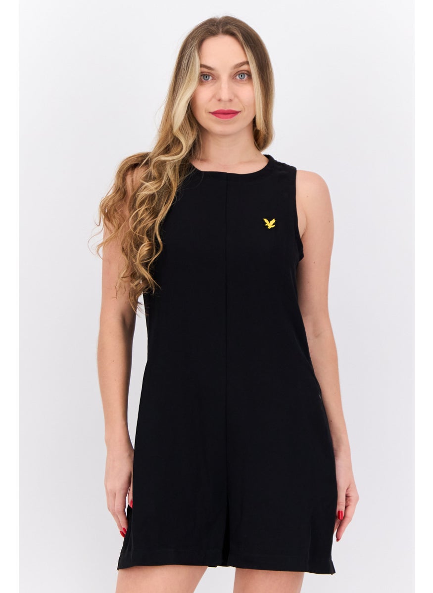 Women Embroidered Logo Sleeveless Playsuit, Black