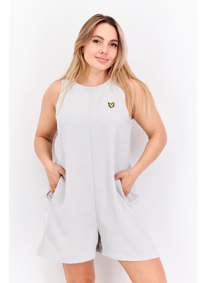 Women Embroidered Logo Sleeveless Playsuits, Light Grey