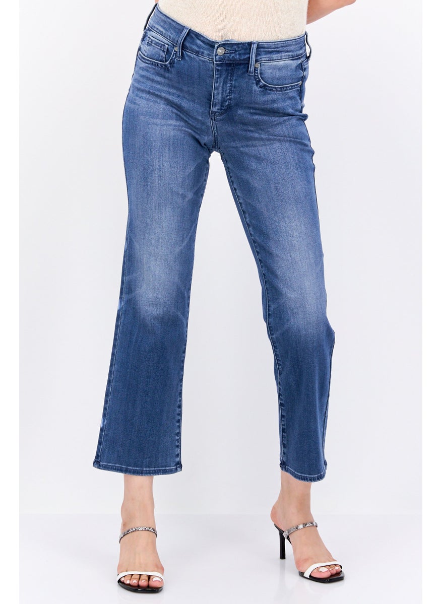 Women Washed Stretchable Wide Leg Denim Jeans, Blue