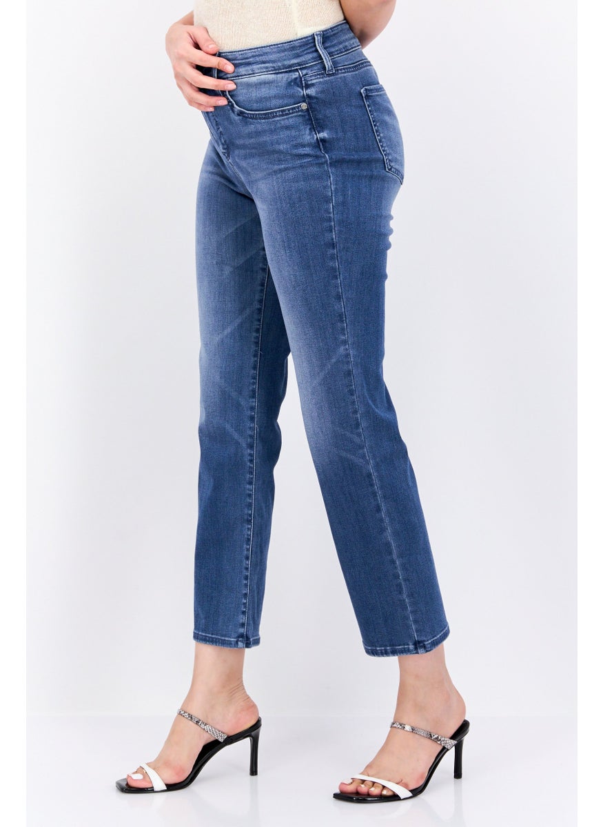 Women Washed Stretchable Wide Leg Denim Jeans, Blue