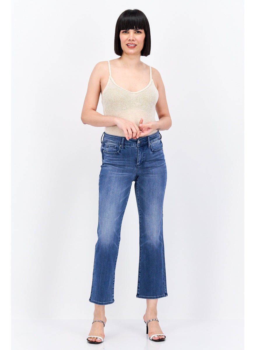 Women Washed Stretchable Wide Leg Denim Jeans, Blue
