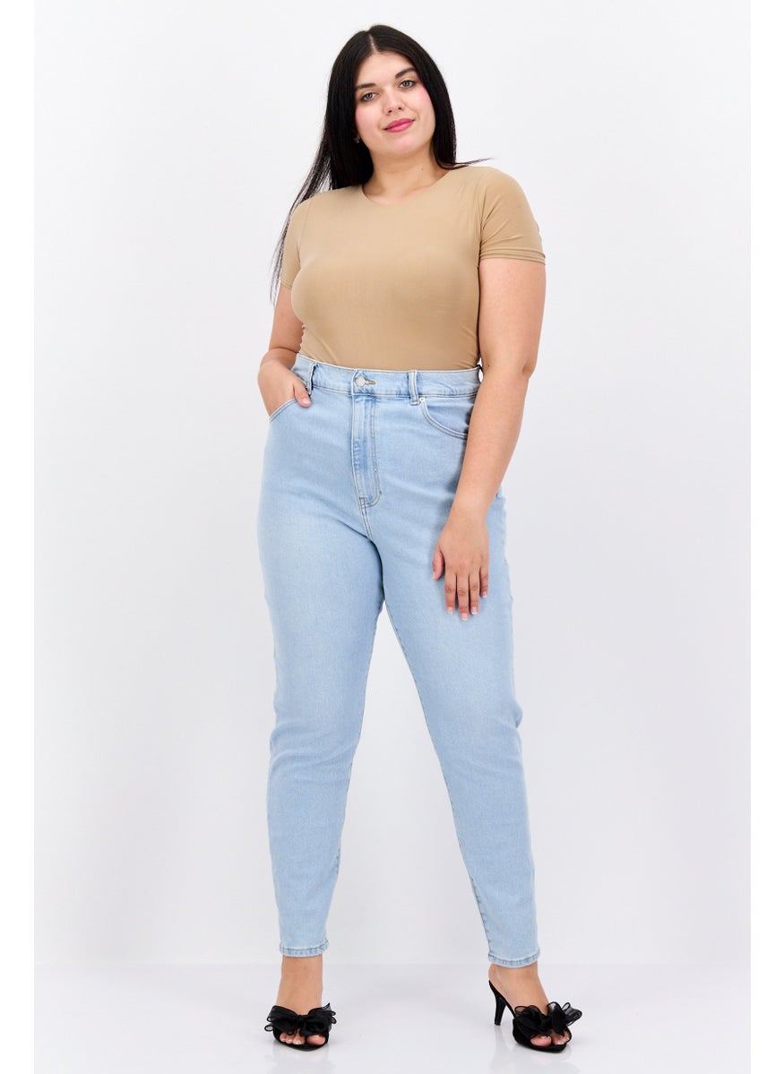 Women Plus Size Washed Stretchable Mom Jeans, Blue