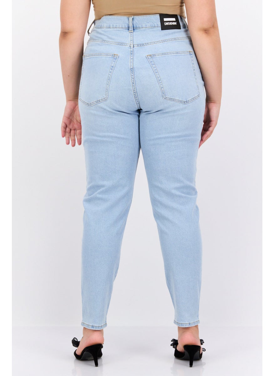 Women Plus Size Washed Stretchable Mom Jeans, Blue