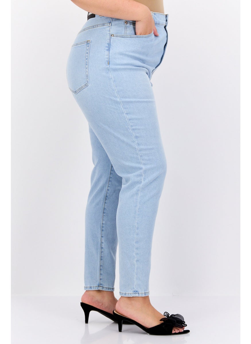 Women Plus Size Washed Stretchable Mom Jeans, Blue