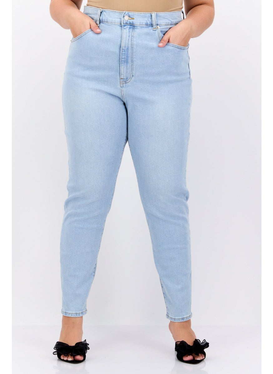 Women Plus Size Washed Stretchable Mom Jeans, Blue
