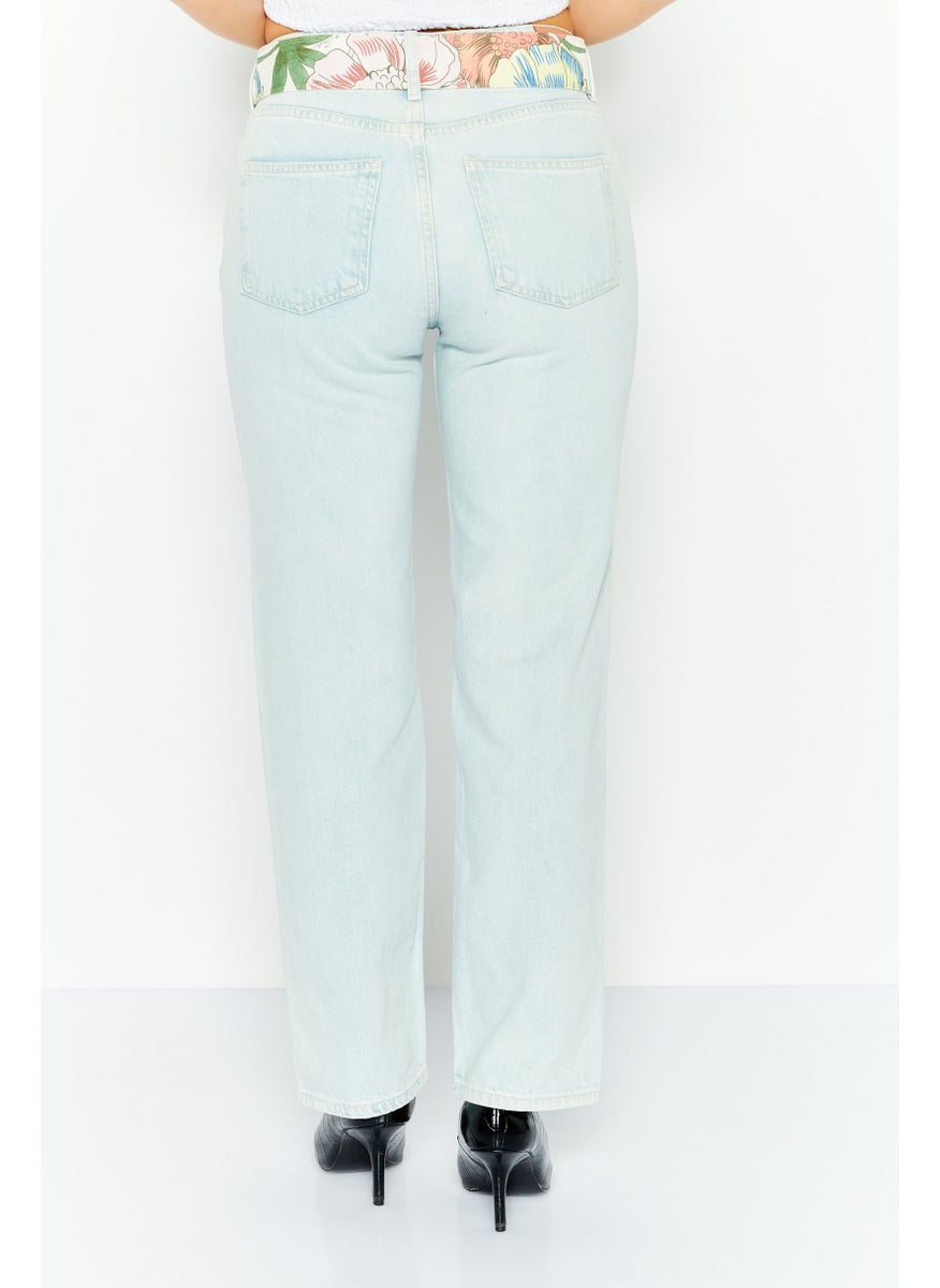 Women Straight Fit Belted Washed Denim, Blue
