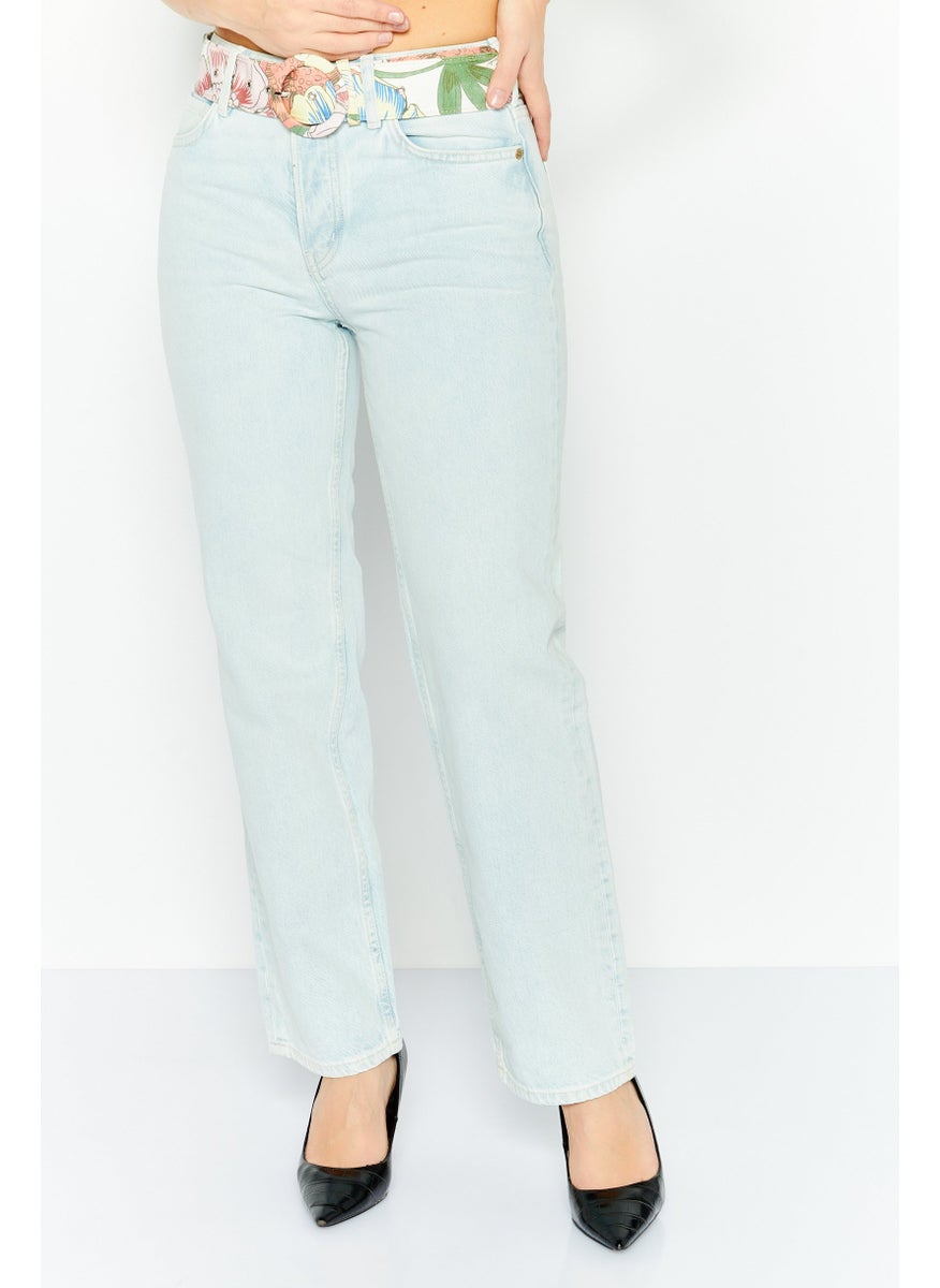 Women Straight Fit Belted Washed Denim, Blue