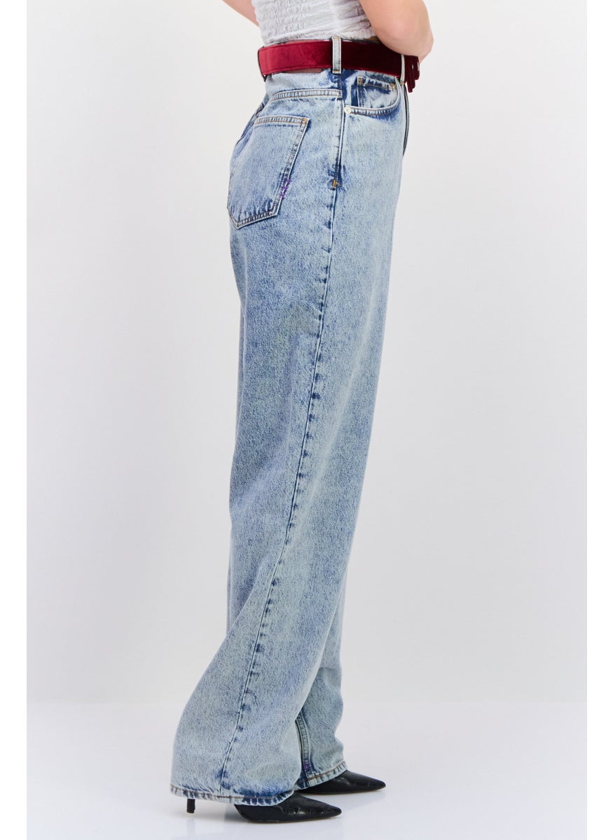 Women Straight Fit High Rise Wash Belted No Stretch Jeans, Blue