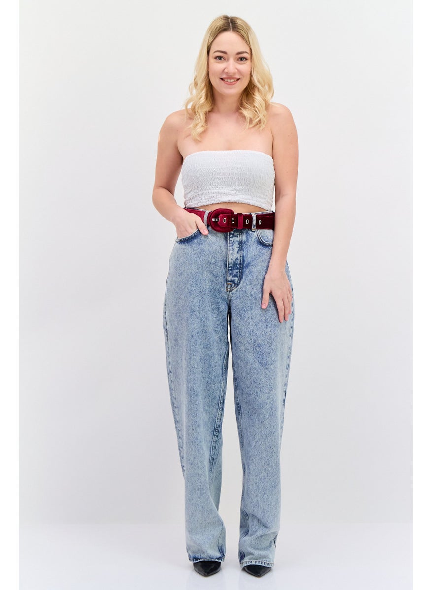 Women Straight Fit High Rise Wash Belted No Stretch Jeans, Blue