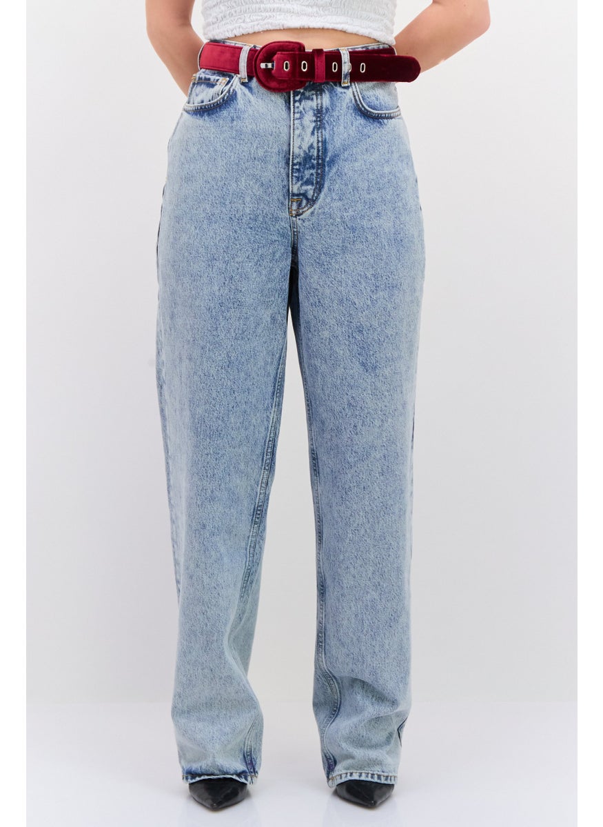 Women Straight Fit High Rise Wash Belted No Stretch Jeans, Blue
