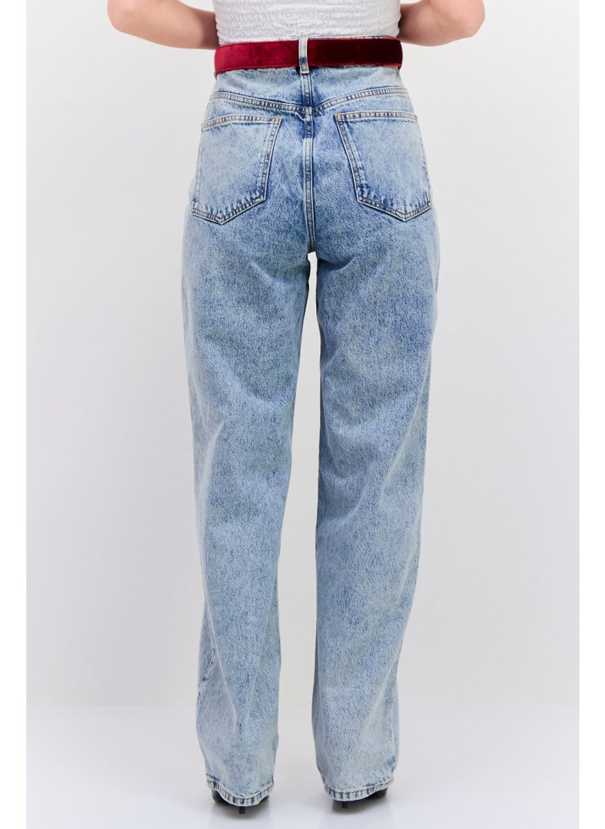 Women Straight Fit High Rise Wash Belted No Stretch Jeans, Blue