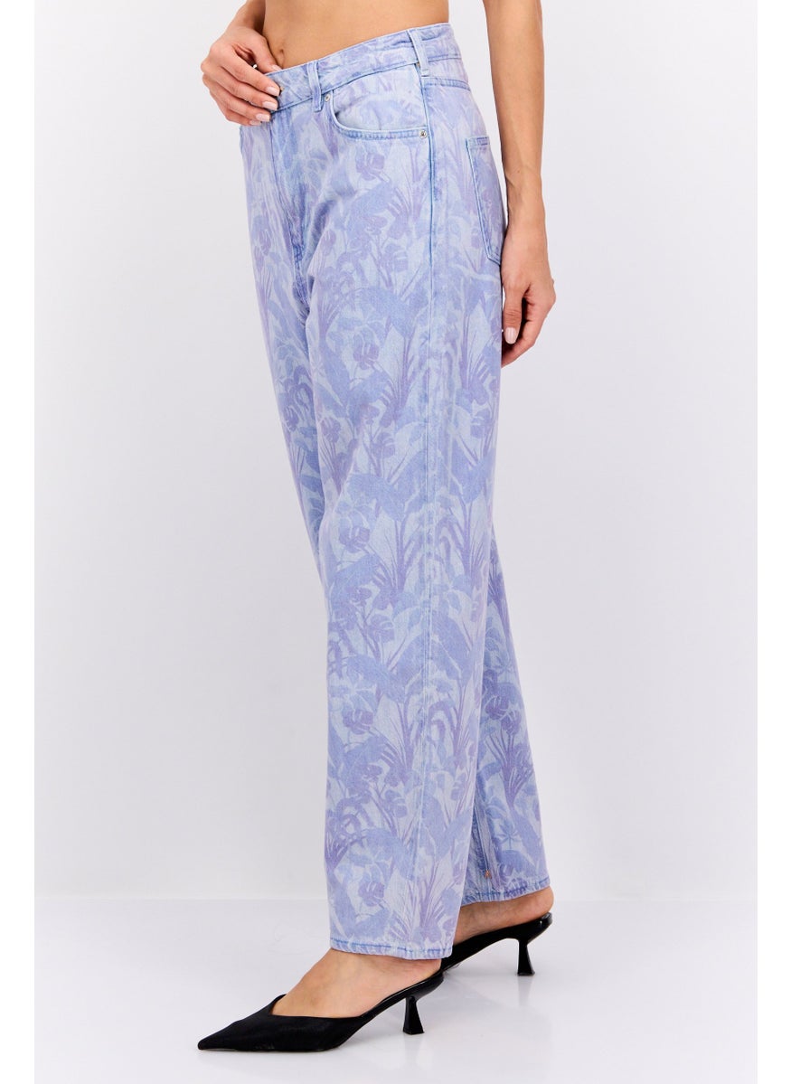 Women Balloon Leg Fit Floral Print Jeans, Lavender Combo