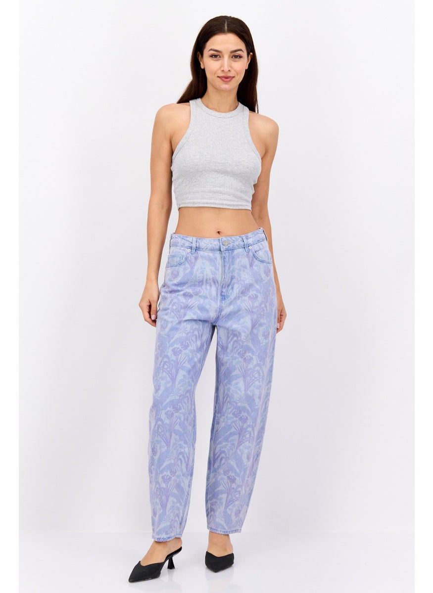 Women Balloon Leg Fit Floral Print Jeans, Lavender Combo