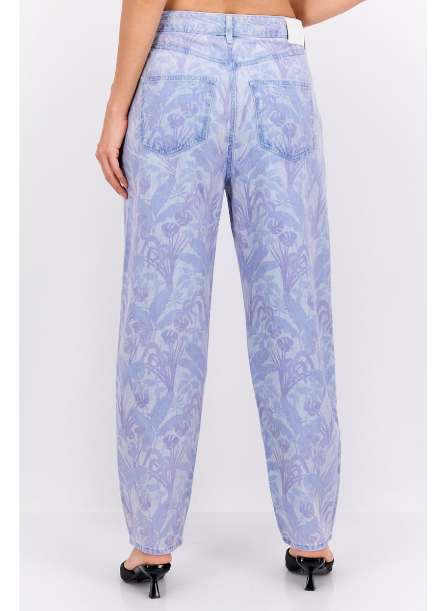 Women Balloon Leg Fit Floral Print Jeans, Lavender Combo