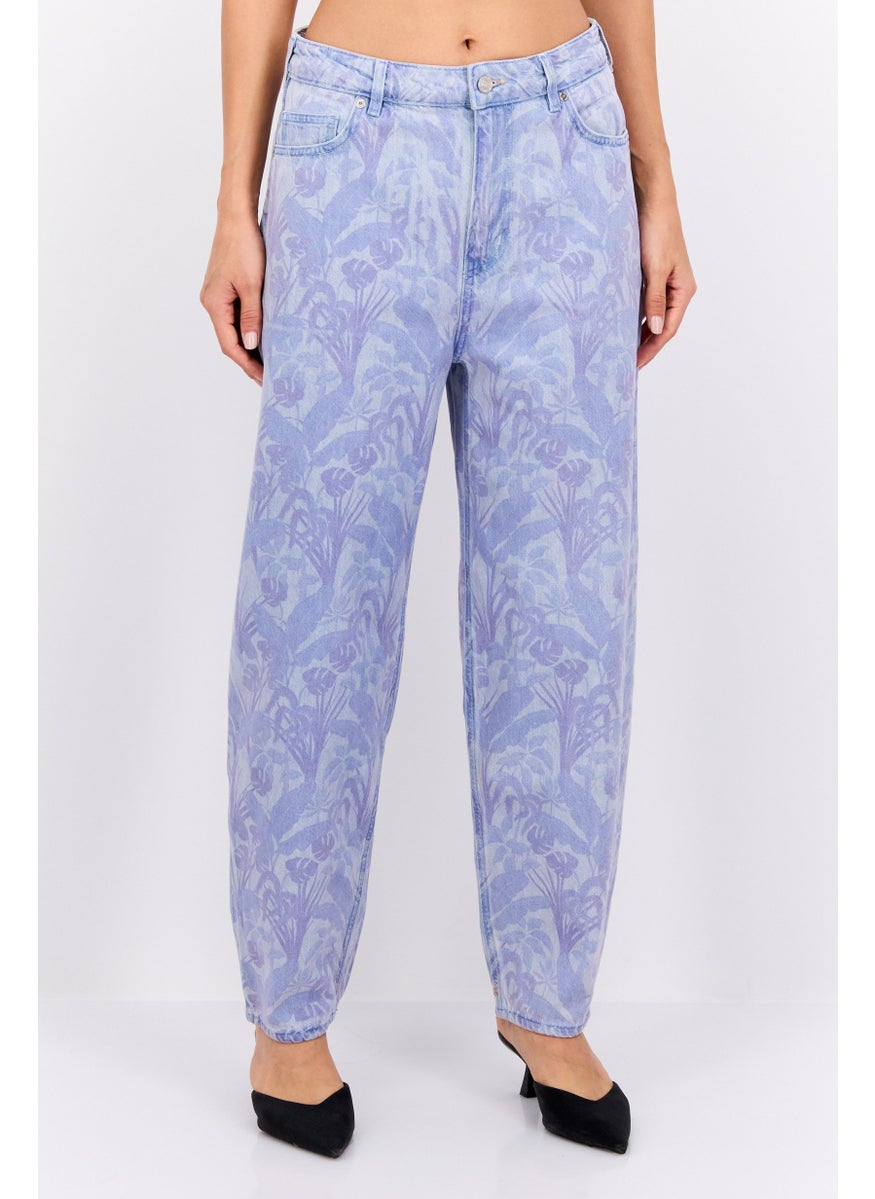 Women Balloon Leg Fit Floral Print Jeans, Lavender Combo