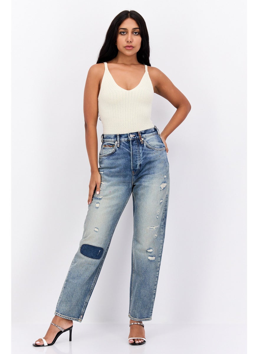 Women Classic Boyfriend Fit Rip N-Stretch The Bay Straight Leg Denim, Blue