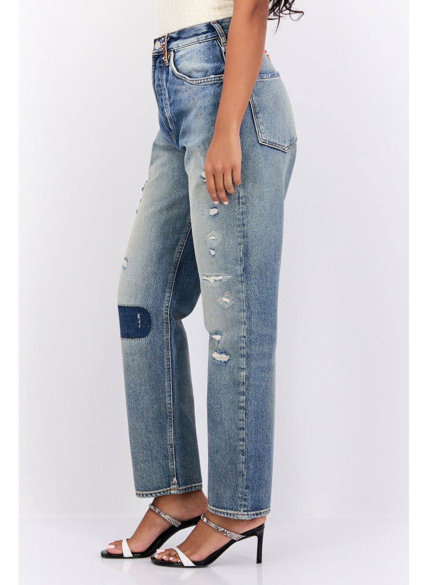 Women Classic Boyfriend Fit Rip N-Stretch The Bay Straight Leg Denim, Blue